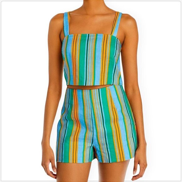 STAUD Rigina Top and Oscar Shorts 2 Piece Set Linen Colorful Stripes NWT 8 10 - Picture 1 of 6